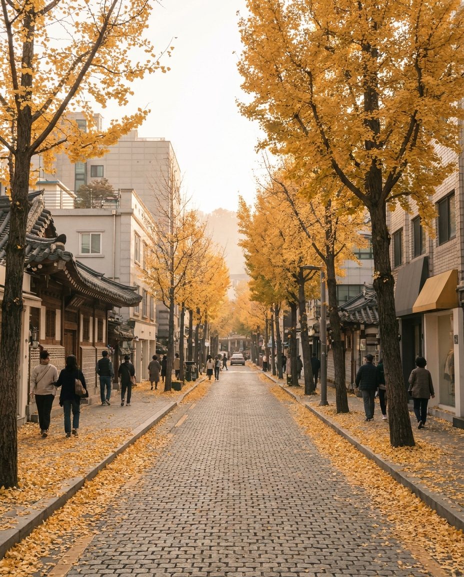 노란 은행잎이 깔린 가을 가로수길